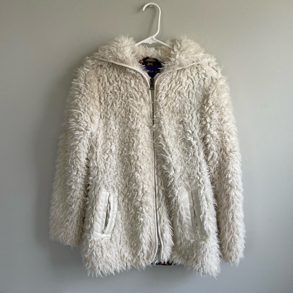 MADDEN GIRL CREAM FAUR FUR TEDDY JACKET HOOD ZIPPER POCKETS LEOPARD LINING - Picture 5 of 13
